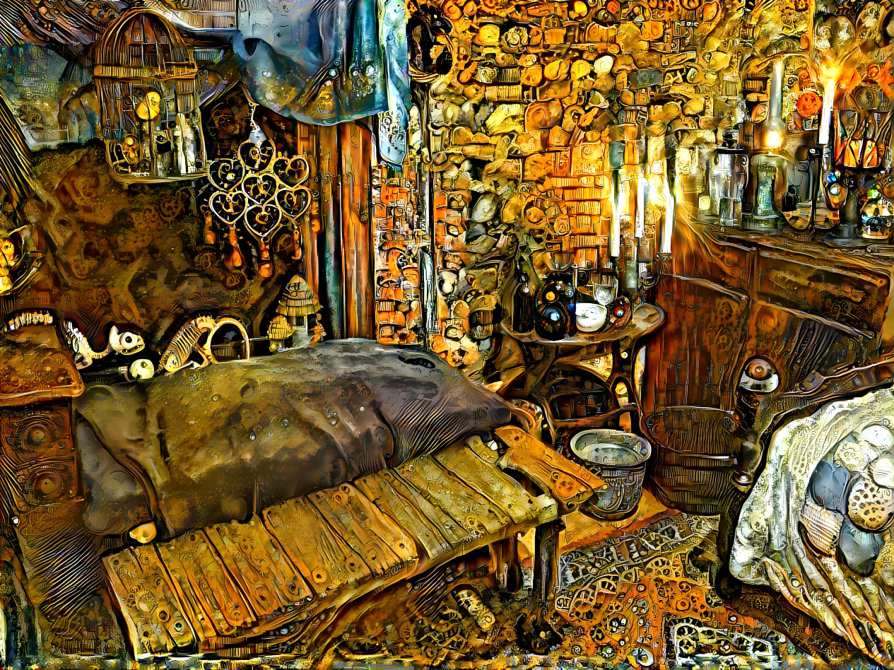 a medieval room full of clutter