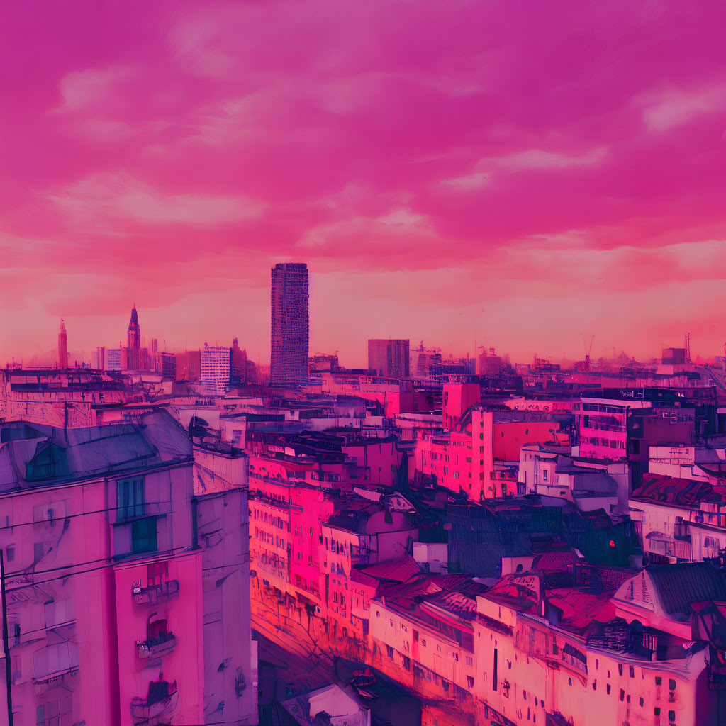 Modern cityscape at dusk with pink and purple hues and dreamlike vibe