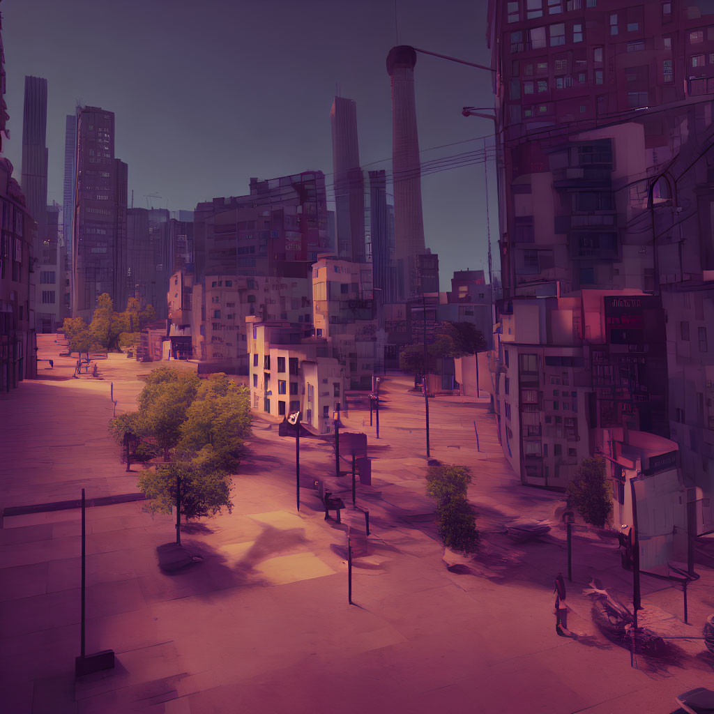 Surreal cityscape with purple hues and urban street scene