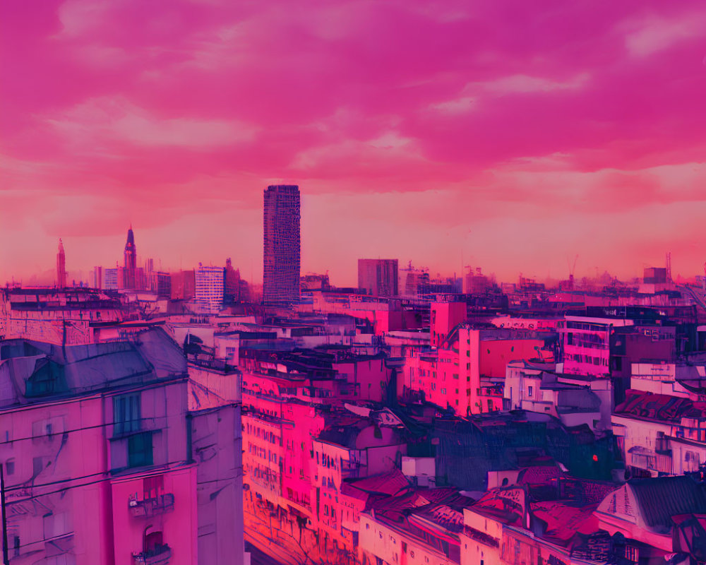Modern cityscape at dusk with pink and purple hues and dreamlike vibe