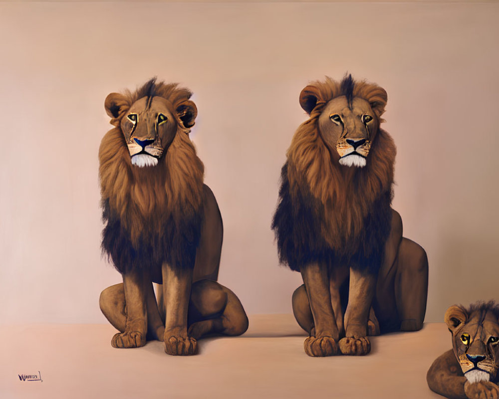 Illustration of two adult lions and one cub in cartoon style with beige background