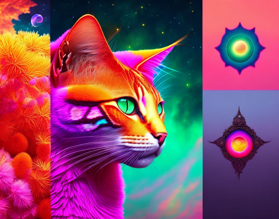 Colorful Neon Cat Collage with Psychedelic Patterns and Cosmic Background