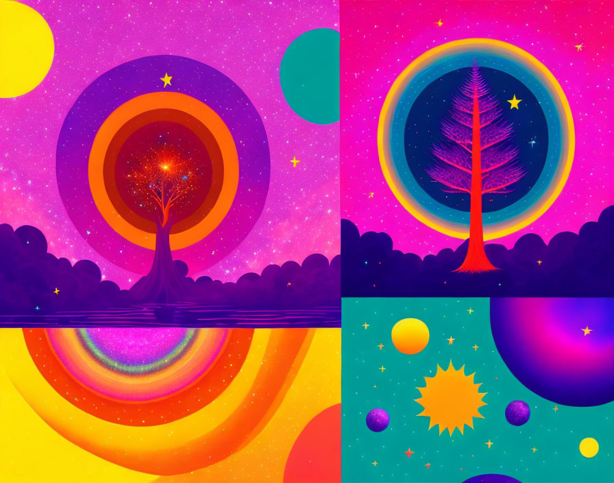 Colorful Four-Panel Artwork: Nature Scenes with Celestial Elements and Vibrant Gradients