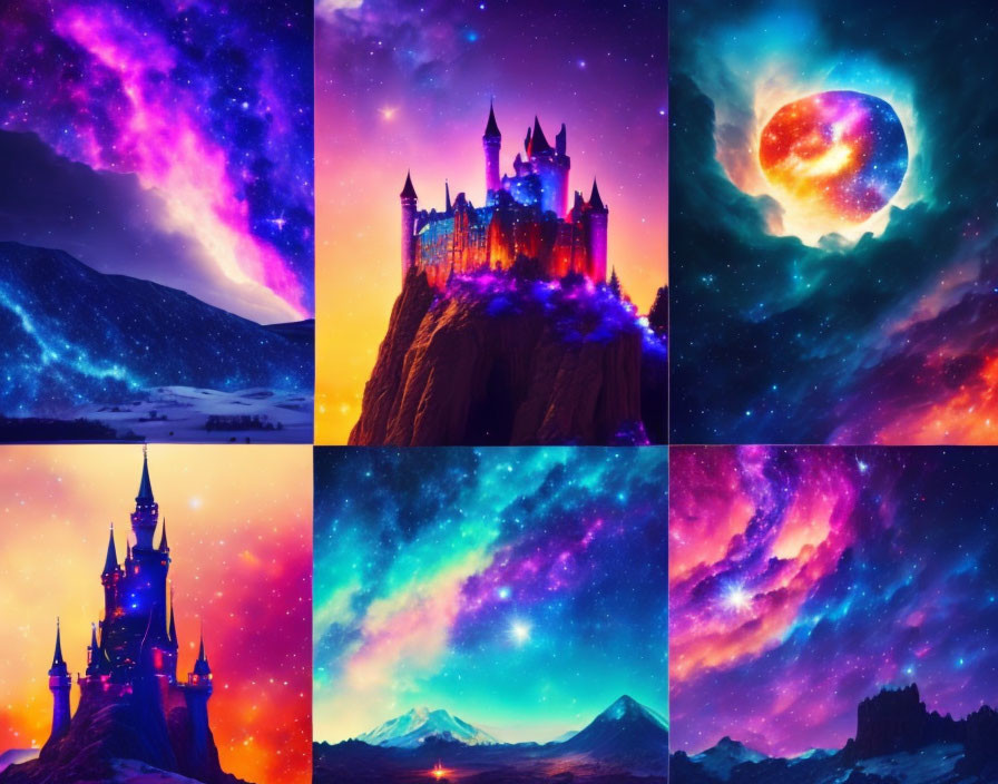 Fantasy castle, cosmic sky, and mountain collage in vibrant colors