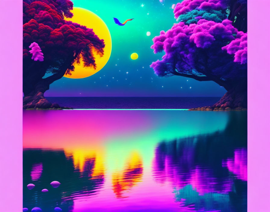 Surreal landscape with purple trees, yellow moon, bird, starry sky, and reflective waterfront