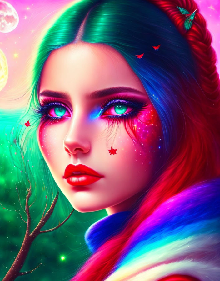 Colorful digital portrait of a woman with blue eyes and red braided hair in a cosmic setting.