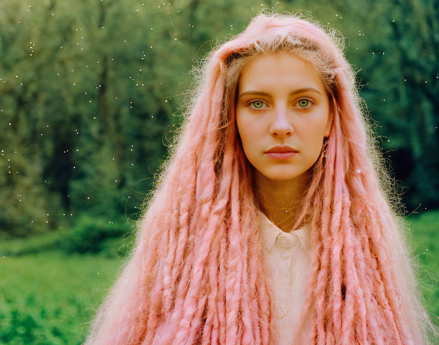 Woman with pink dreadlocks and blue eyes in light top, surrounded by floating specks on green grass