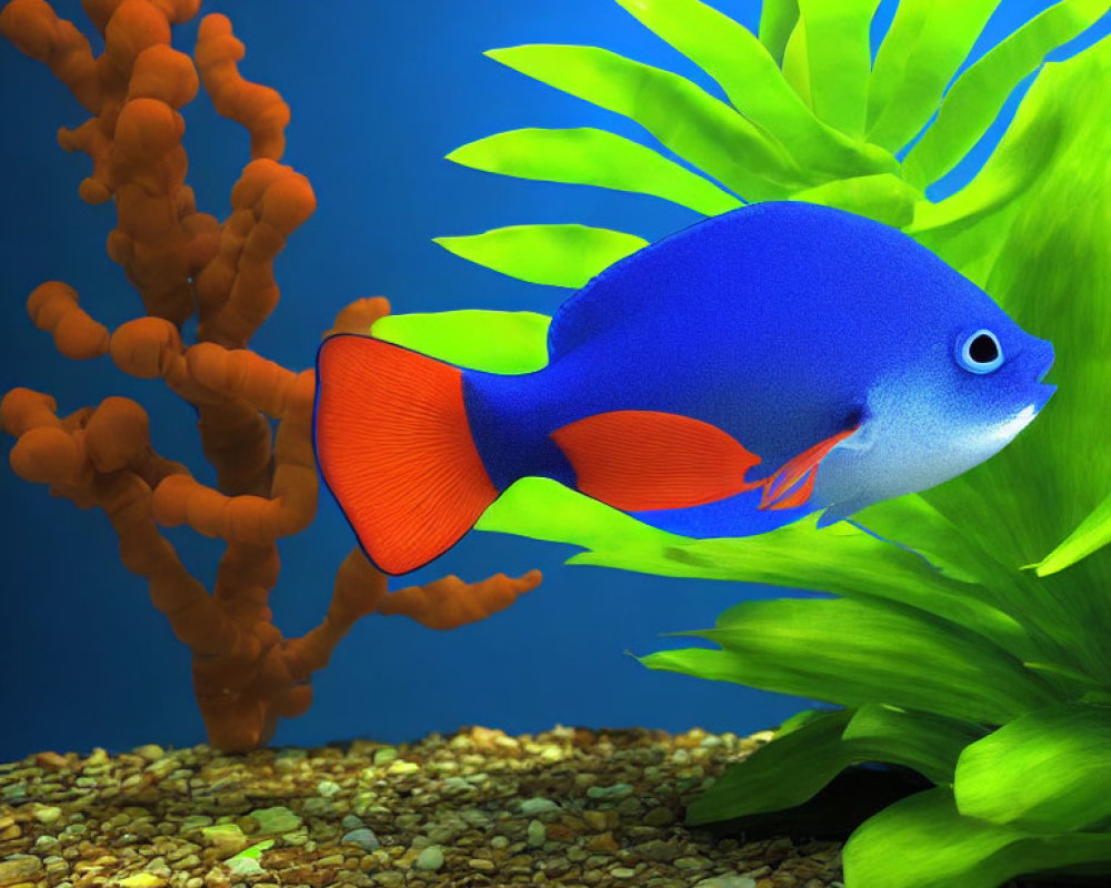 Colorful Blue Fish Swimming Among Aquatic Plants and Coral