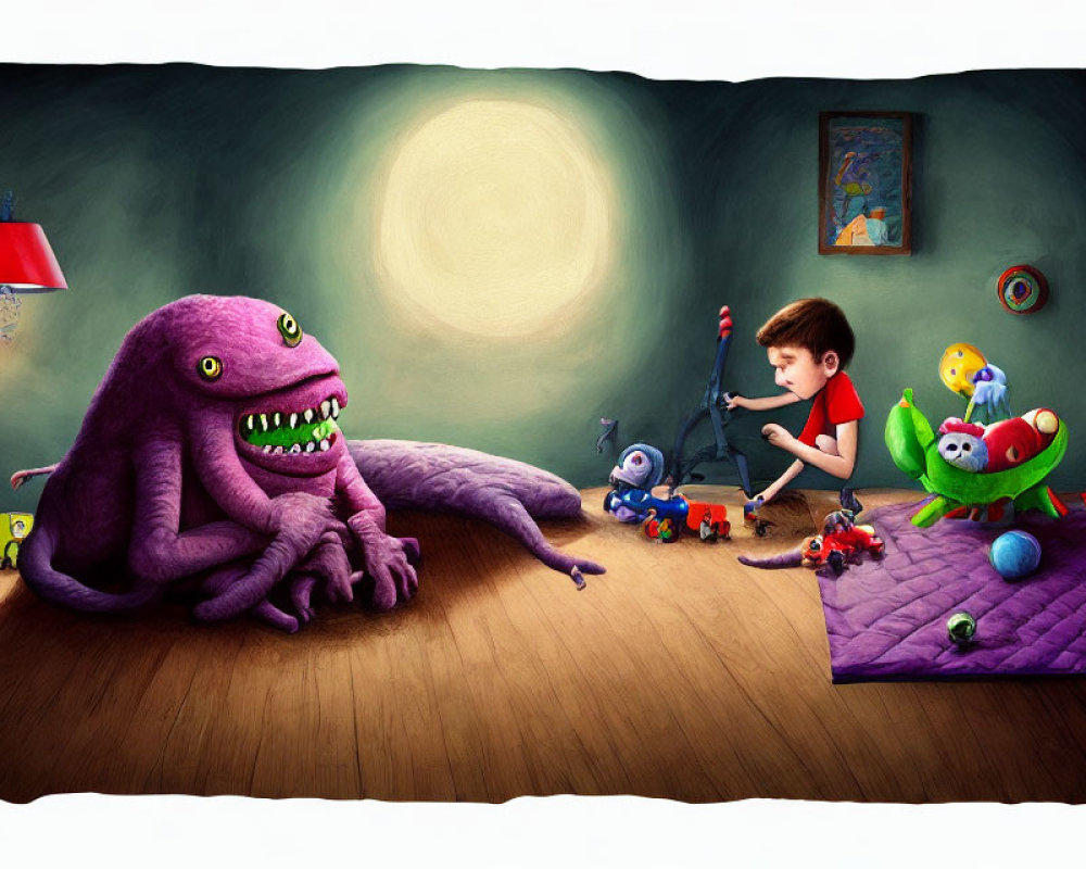 Child in red shirt plays drums with toys and purple monster in whimsical bedroom