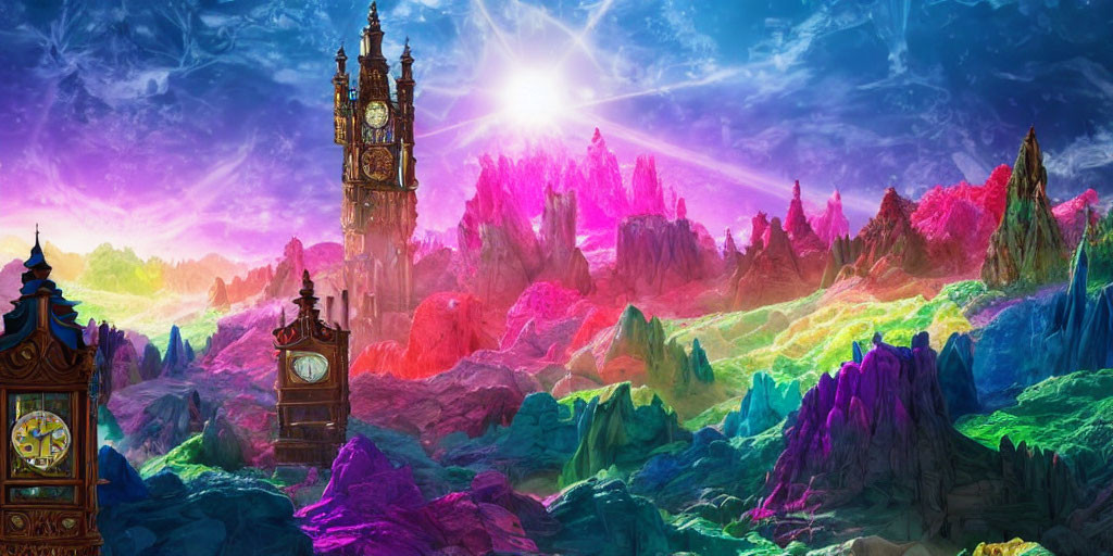 Colorful Crystal Formations and Clock Towers in Surreal Fantasy Landscape
