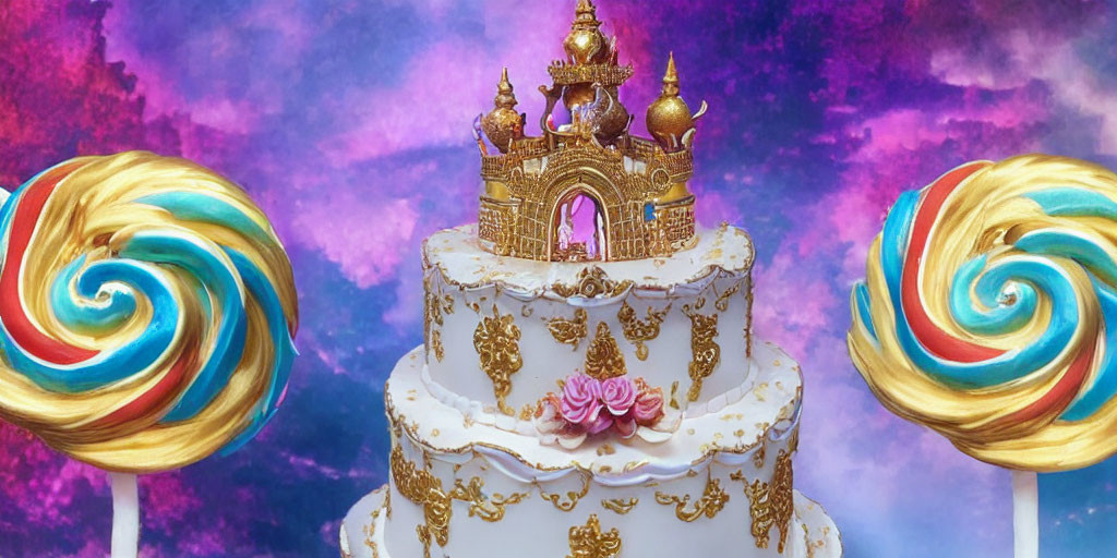Elegant White Castle Cake with Golden Accents and Colorful Lollipops