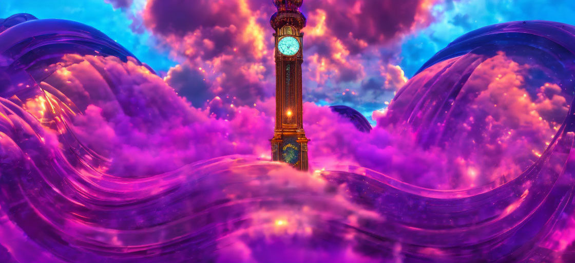 Fantasy clock tower in swirling clouds and purple sky