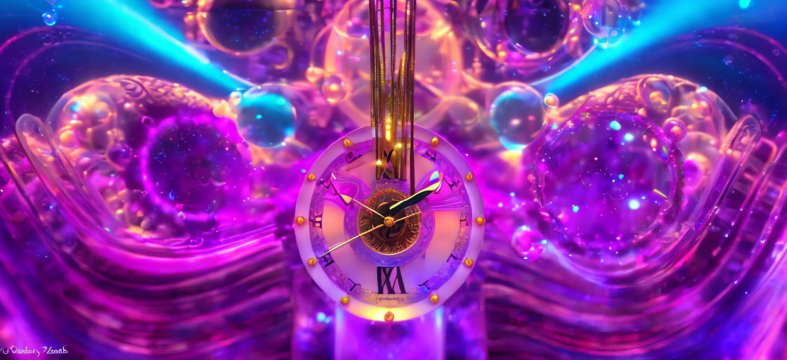 Colorful digital artwork of intricate clock with glowing orbs and beams in purple and blue.
