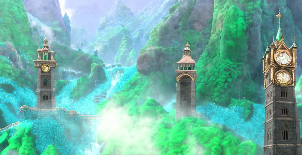 Fantasy landscape: ornate clock towers in lush greenery with mist and mountains