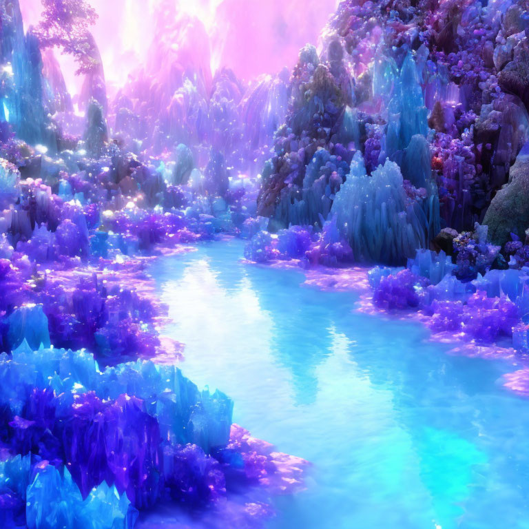 Fantastical landscape with luminous crystal formations and misty water body