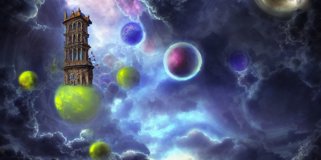 Colorful glowing orbs in fantastical sky with grand isolated tower
