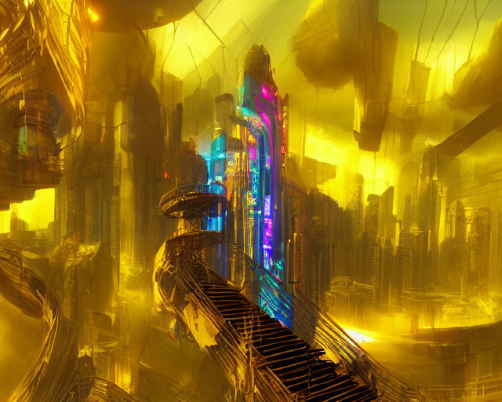 Golden glow futuristic cityscape with skyscrapers and neon lights