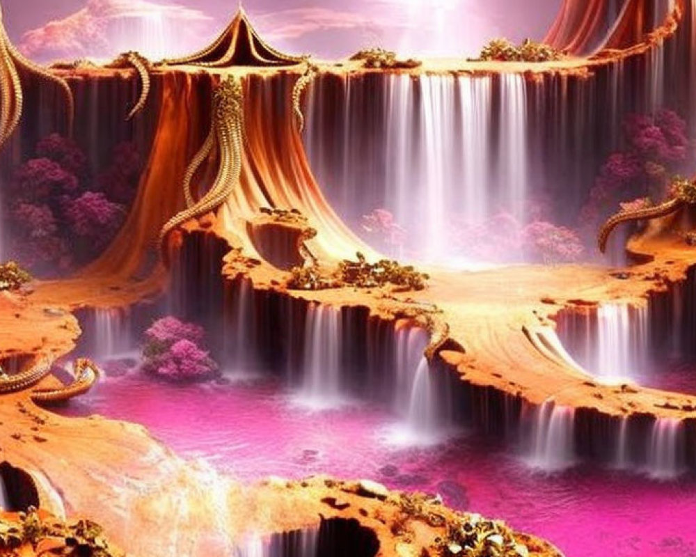 Fantasy landscape with waterfalls, golden structures, pink river, and magical sky