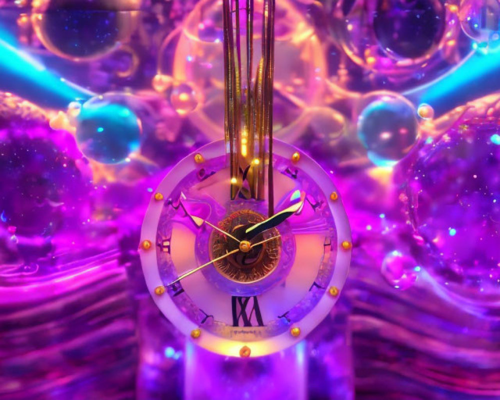 Colorful digital artwork of intricate clock with glowing orbs and beams in purple and blue.