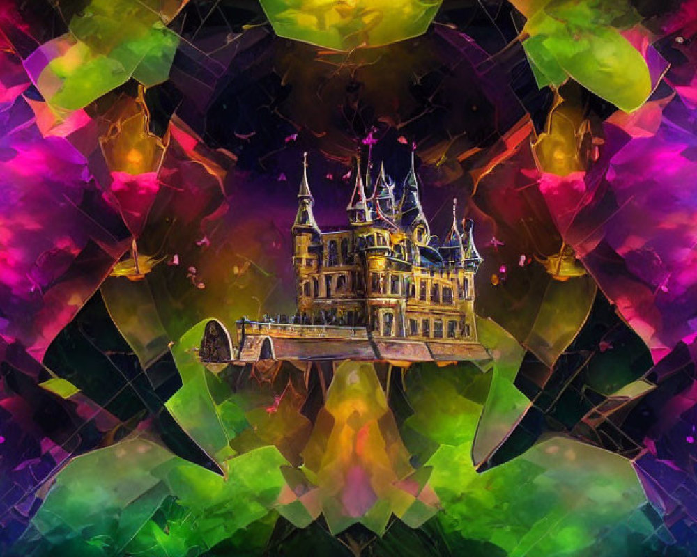 Colorful Castle Surrounded by Multicolored Crystals