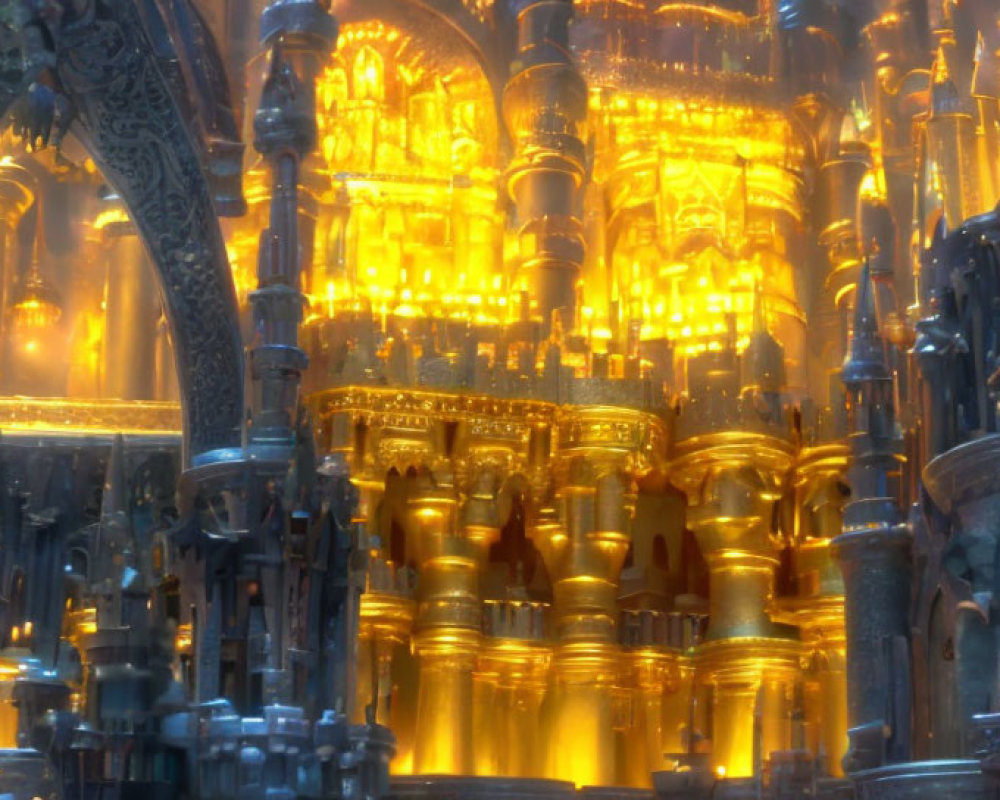 Golden palace with intricate architecture and warm glowing light surrounded by ornate columns and arches