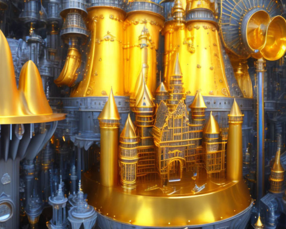 Golden castle surrounded by blue metallic structures with intricate designs under soft glowing light