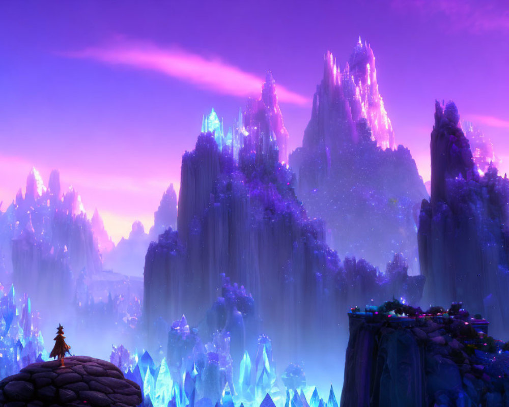 Fantastical landscape with glowing crystal spires and purple sky