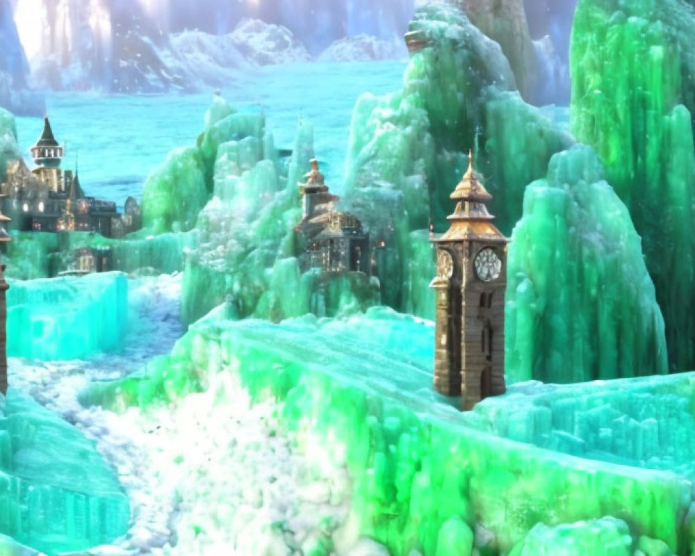 Fantastical icy landscape with frozen waterfalls and structures resembling Big Ben