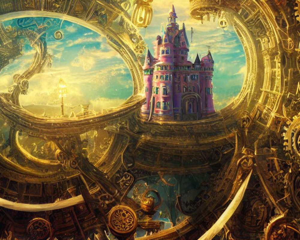 Steampunk landscape with clockwork castle amidst gears and structures
