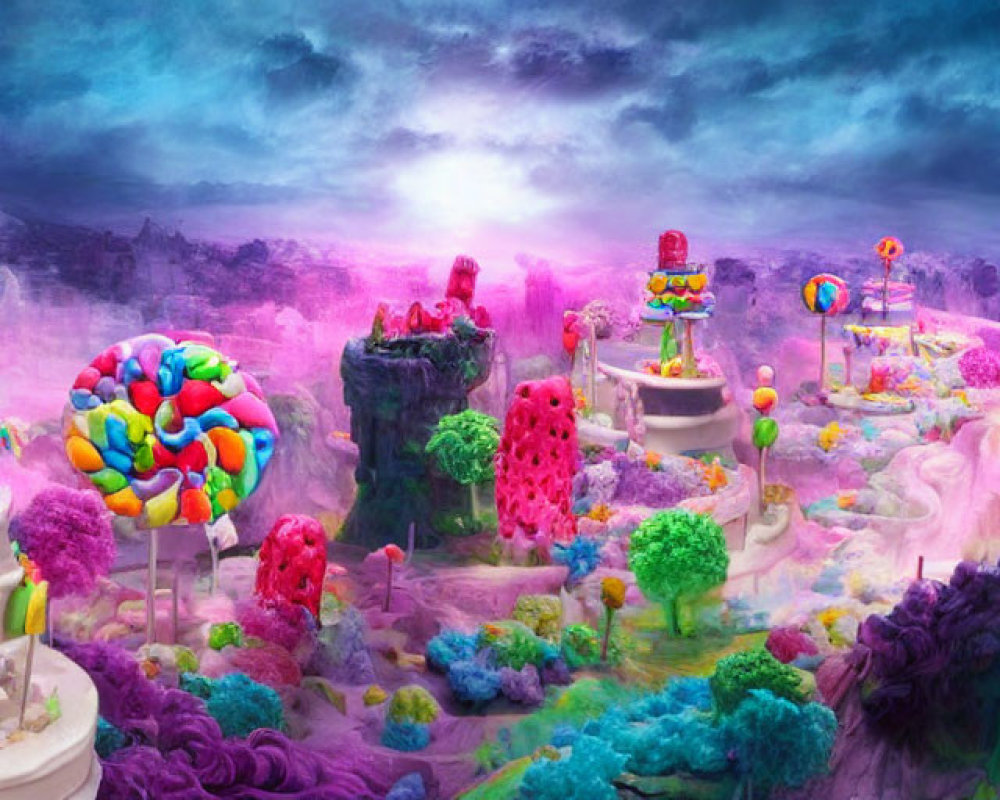 Colorful Candy Landscape with Multi-Tiered Cakes and Lollipops