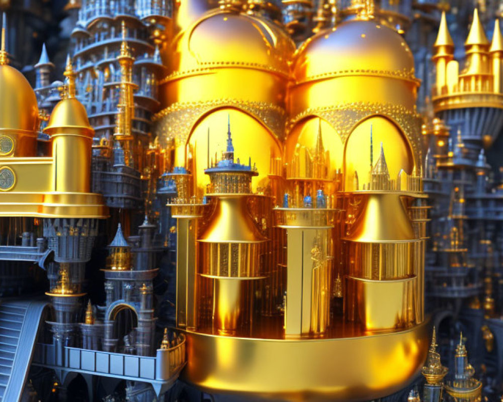 Golden futuristic city with metallic domes and intricate architecture.