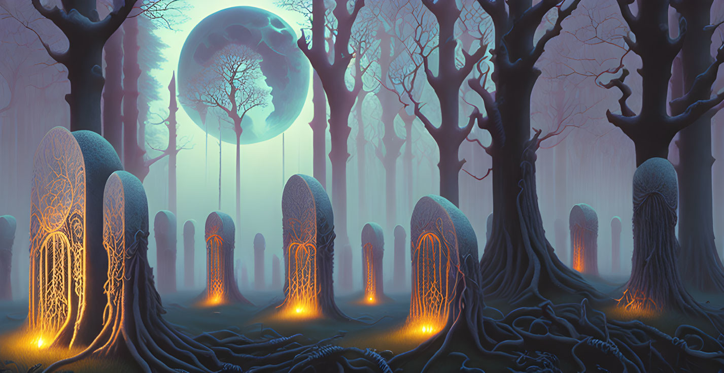 Ethereal forest scene with glowing trees and moon