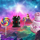Colorful Candy Landscape with Multi-Tiered Cakes and Lollipops
