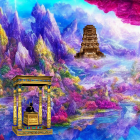 Majestic purple mountains and golden castles in a fantasy landscape