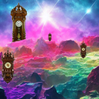 Colorful Crystal Formations and Clock Towers in Surreal Fantasy Landscape