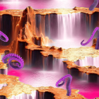 Fantasy landscape with waterfalls, golden structures, pink river, and magical sky