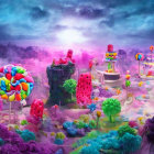 Colorful Dreamlike Castles in Vibrant Fantasy Landscape