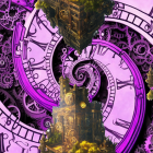Intricate Steampunk scene with cogwheels and clockwork castle on purple backdrop