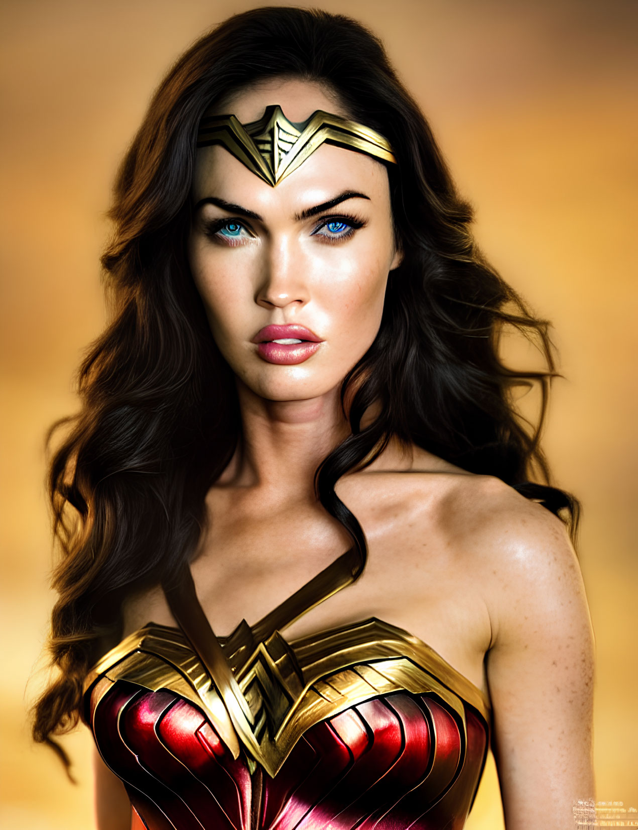 Woman in Wonder Woman costume with intense blue eyes and detailed outfit
