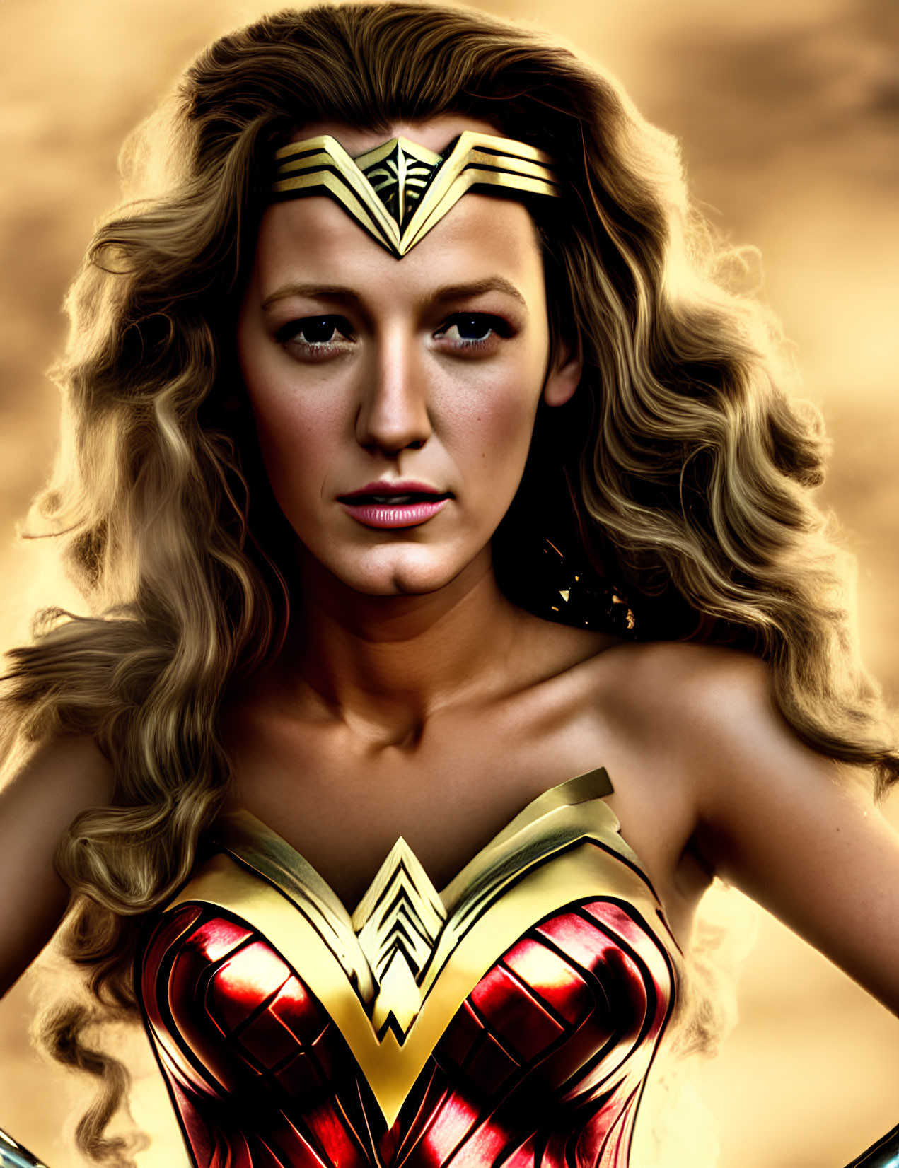 Long Curly-Haired Figure in Red and Gold Superhero Costume on Golden Background