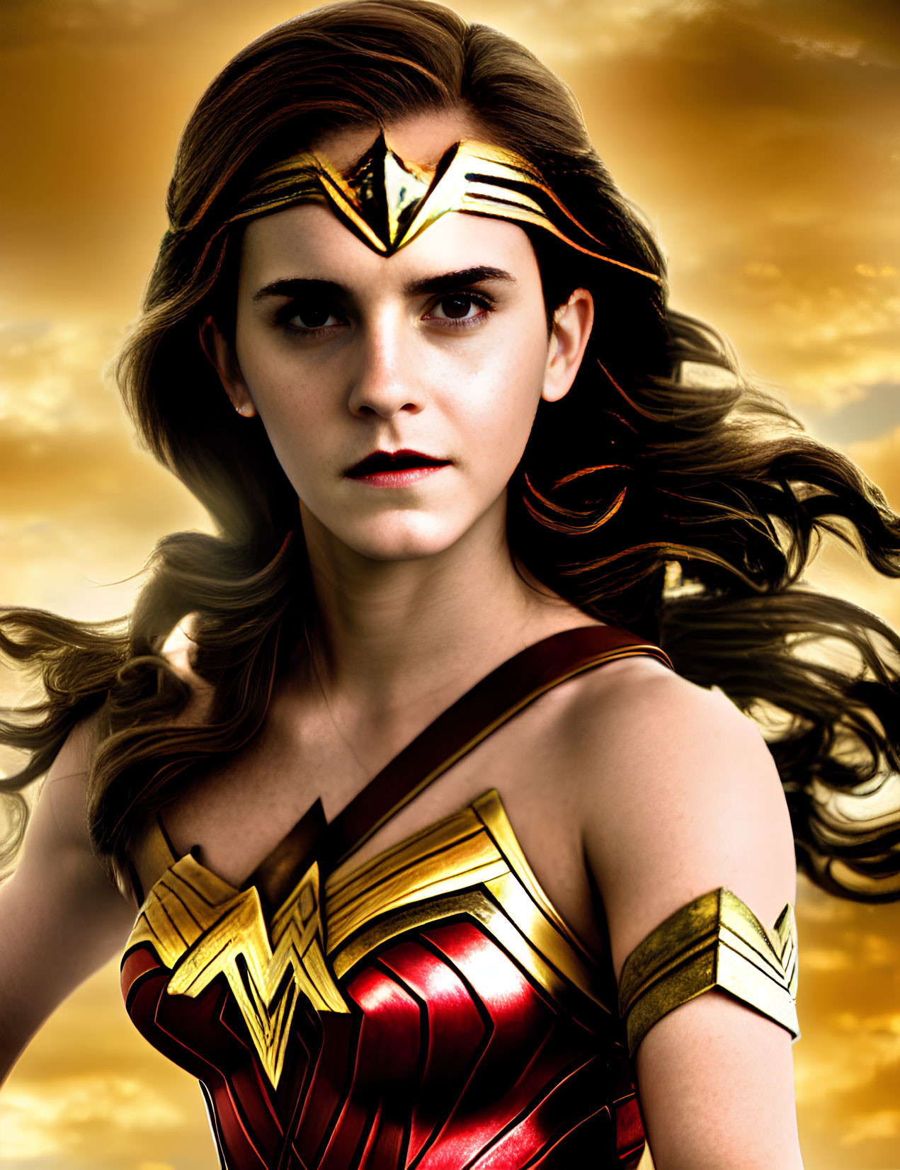 Woman in Wonder Woman costume against dramatic sky with golden tiara