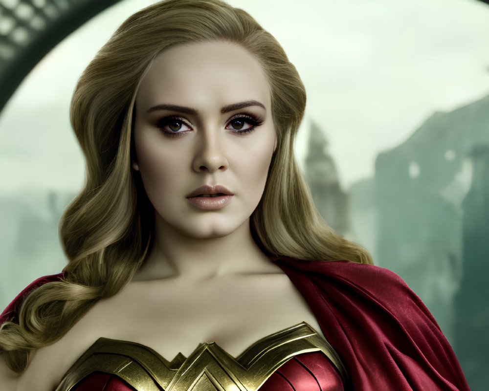 Digital artwork: Woman superhero with golden emblem, red cape, foggy ruins.
