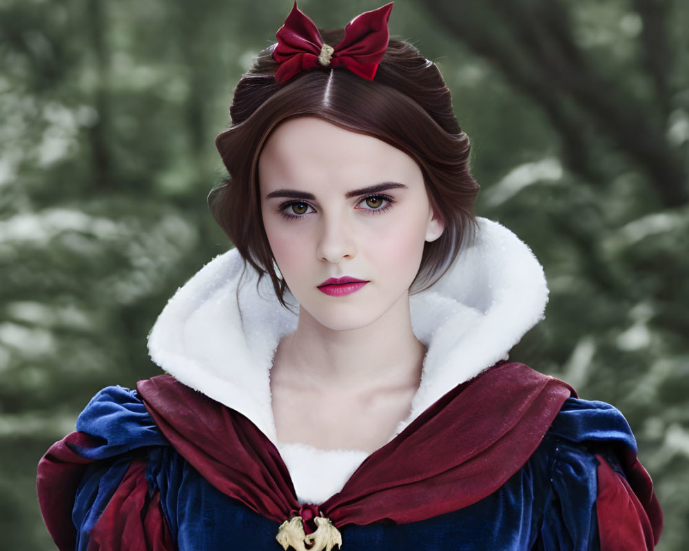 Person in Snow White costume with red bow in forest