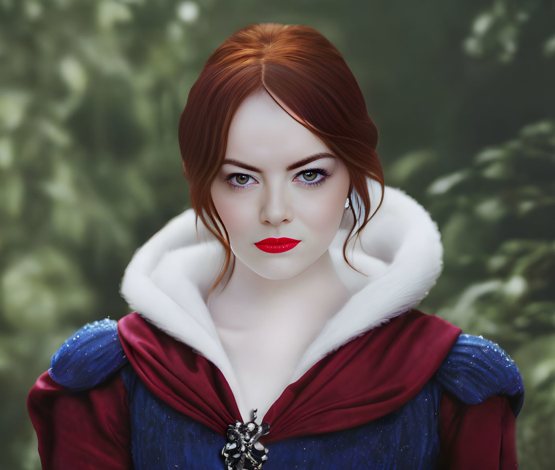 Woman with Blue Eyes and Red Hair in Royal Blue Dress with White Fur Collar on Green Background