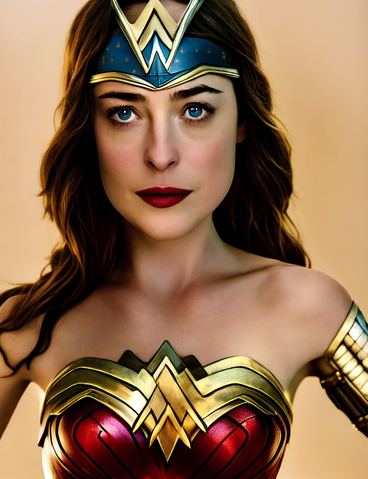 Woman in Wonder Woman Costume with Golden Tiara and Blue Eyes