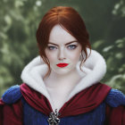 Woman with Blue Eyes and Red Hair in Royal Blue Dress with White Fur Collar on Green Background