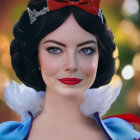 Woman in Snow White costume with red bow headband and bright red lipstick on blurred background