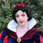 Woman in Snow White costume with red bow and puffy sleeves on green leafy backdrop