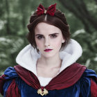 Person in Snow White costume with red bow in forest