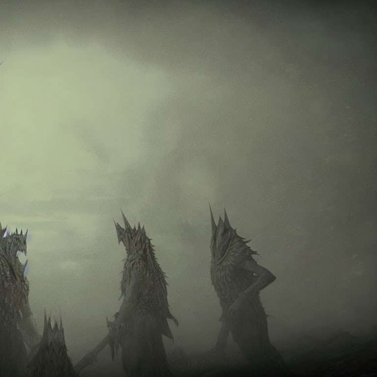Three Spiky Creatures in Eerie Green Foggy Setting